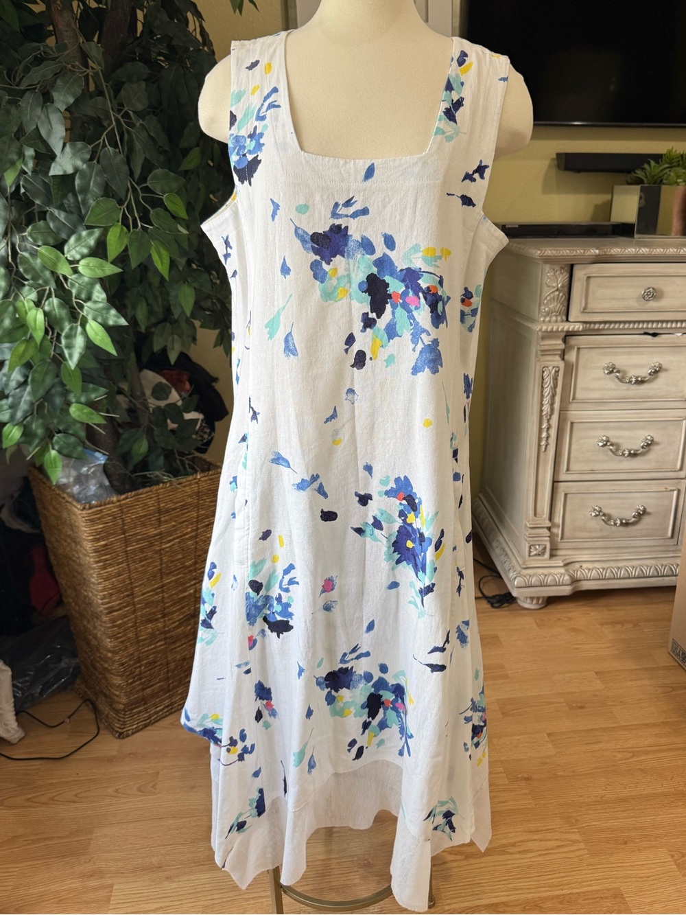 For Cynthia Linen Blend Floral Asymmetrical Midi Dress XL Pockets